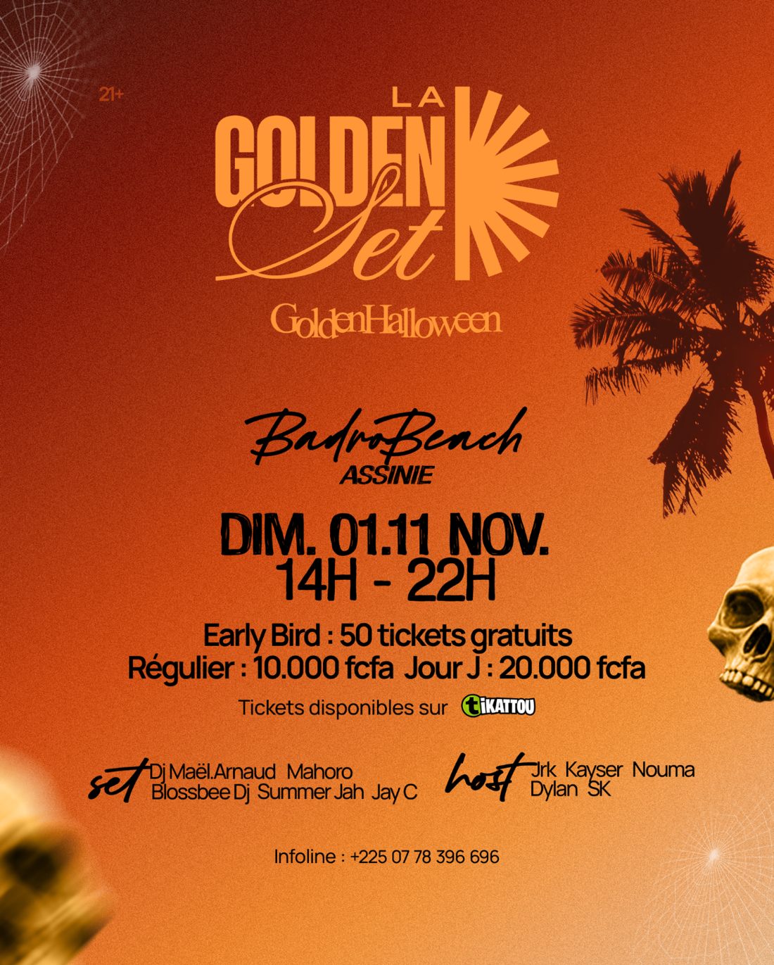 Affiche Golden Halloween : dimanche 1er novembre, Badro Beach Assinie, tarifs et line-up